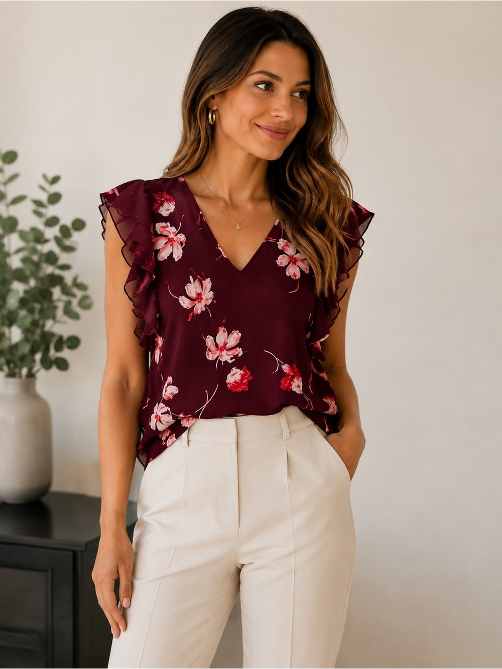 Lauren Ralph Lauren Burgundy Floral Flutter Sleeve Blouse PS
